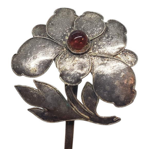 Unknown Jewelry - Vintage Sterling Silver Flower Stick Pin Red Cabochon Glass center Art Deco